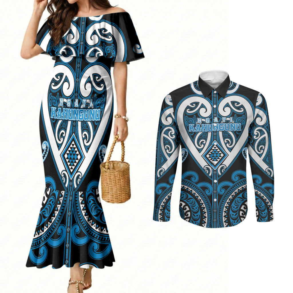 Custom Aotearoa Ngati Kahungunu Couples Matching Mermaid Dress and Long Sleeve Button Shirt Maori Tribal Pattern LT05 Blue - Polynesian Pride