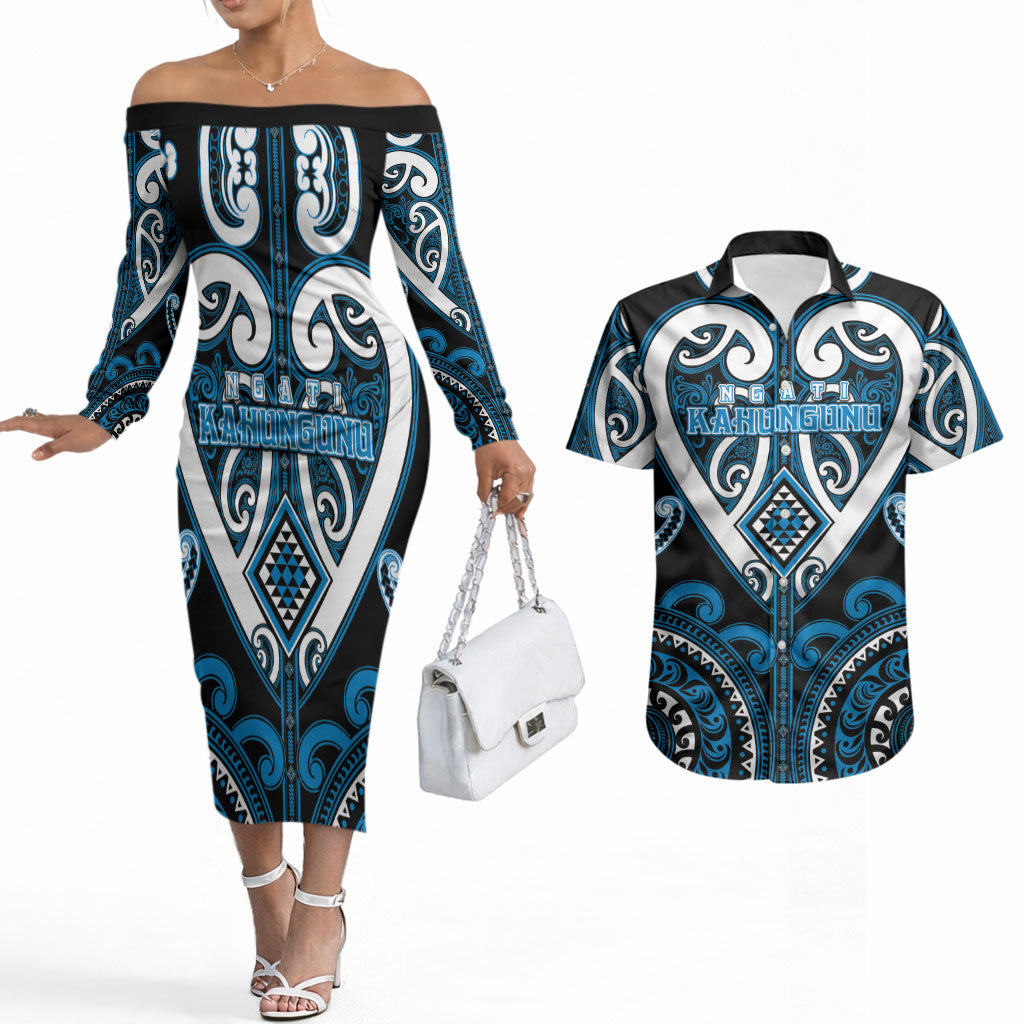 Custom Aotearoa Ngati Kahungunu Couples Matching Off The Shoulder Long Sleeve Dress and Hawaiian Shirt Maori Tribal Pattern LT05 Blue - Polynesian Pride