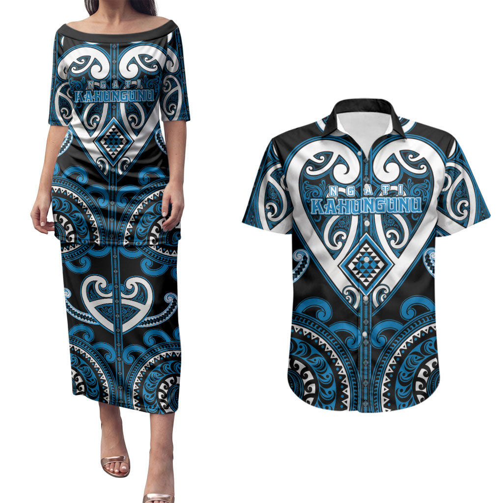 Custom Aotearoa Ngati Kahungunu Couples Matching Puletasi and Hawaiian Shirt Maori Tribal Pattern LT05 Blue - Polynesian Pride