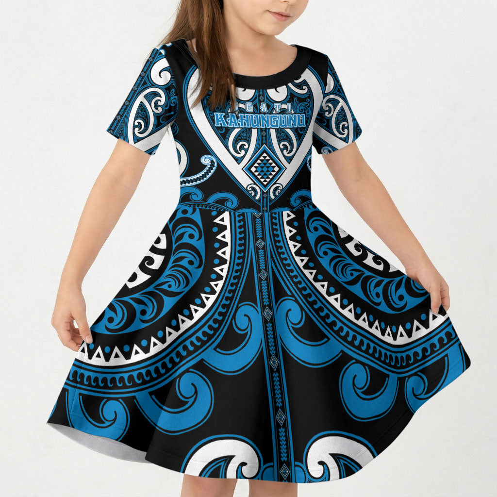 Custom Aotearoa Ngati Kahungunu Kid Short Sleeve Dress Maori Tribal Pattern