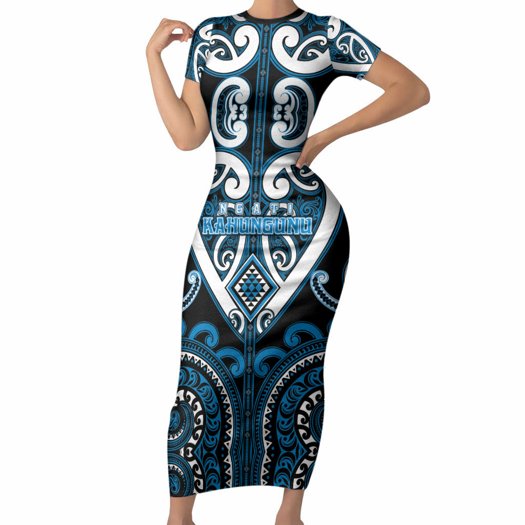 Custom Aotearoa Ngati Kahungunu Short Sleeve Bodycon Dress Maori Tribal Pattern LT05 Long Dress Blue - Polynesian Pride