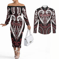 Custom Aotearoa Te Arawa Couples Matching Off The Shoulder Long Sleeve Dress and Long Sleeve Button Shirt Maori Tribal Pattern