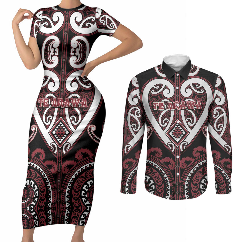 Custom Aotearoa Te Arawa Couples Matching Short Sleeve Bodycon Dress and Long Sleeve Button Shirt Maori Tribal Pattern LT05 Red - Polynesian Pride