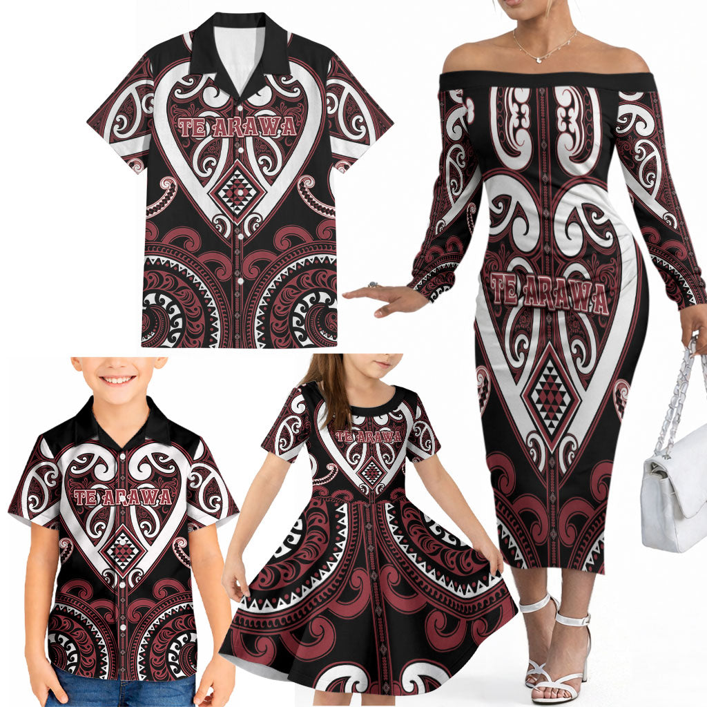 Custom Aotearoa Te Arawa Family Matching Off The Shoulder Long Sleeve Dress and Hawaiian Shirt Maori Tribal Pattern