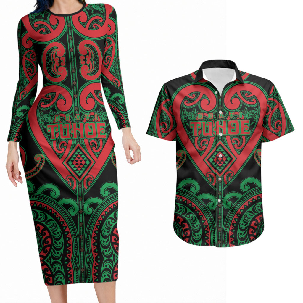 Custom Aotearoa Ngai Tuhoe Couples Matching Long Sleeve Bodycon Dress and Hawaiian Shirt Maori Tribal Pattern LT05 Black - Polynesian Pride