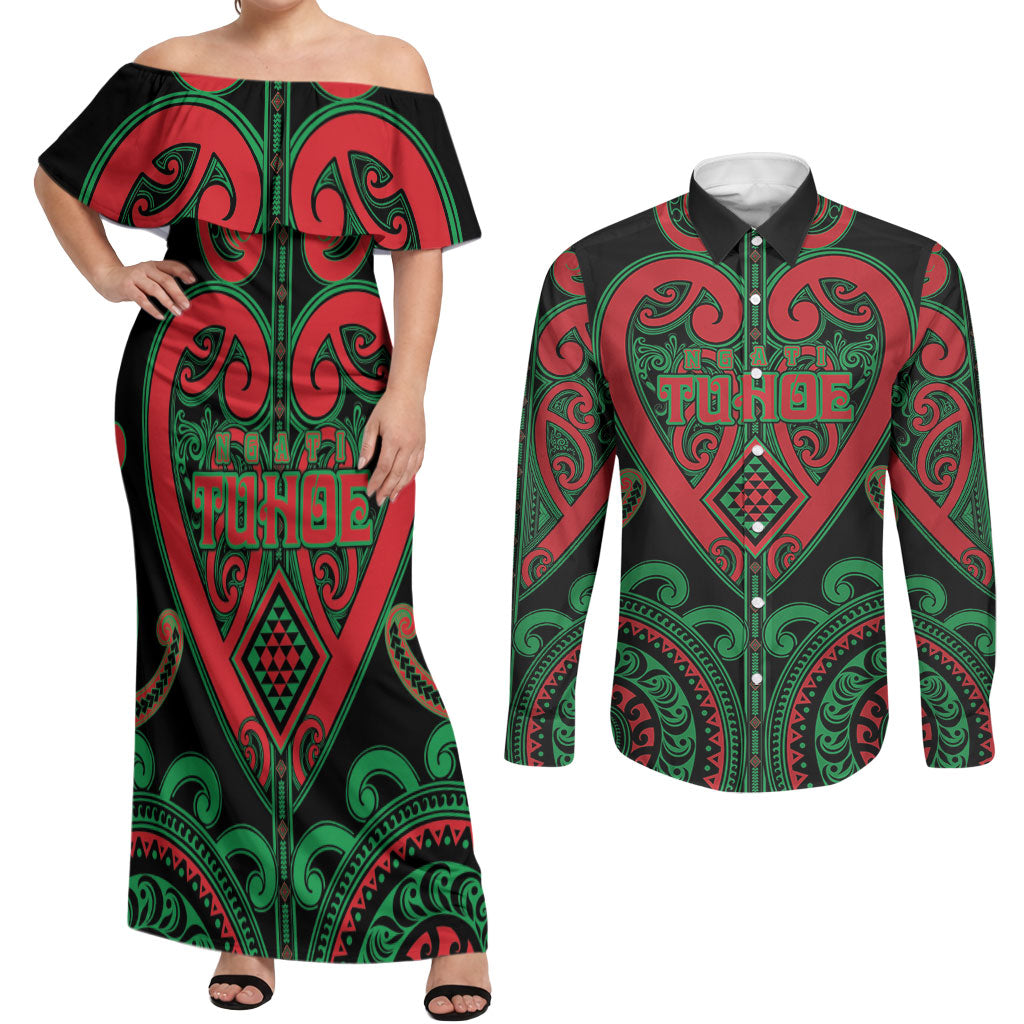 Custom Aotearoa Ngai Tuhoe Couples Matching Off Shoulder Maxi Dress and Long Sleeve Button Shirt Maori Tribal Pattern