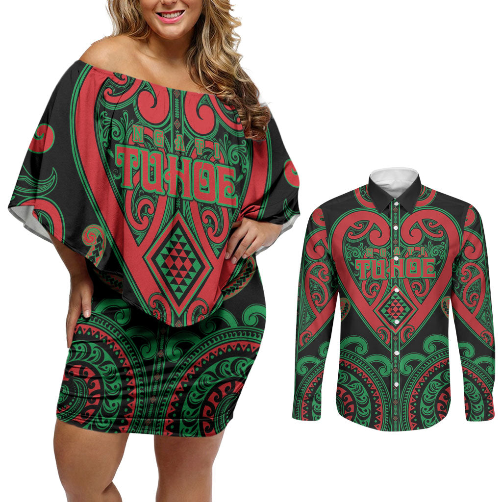 Custom Aotearoa Ngai Tuhoe Couples Matching Off Shoulder Short Dress and Long Sleeve Button Shirt Maori Tribal Pattern