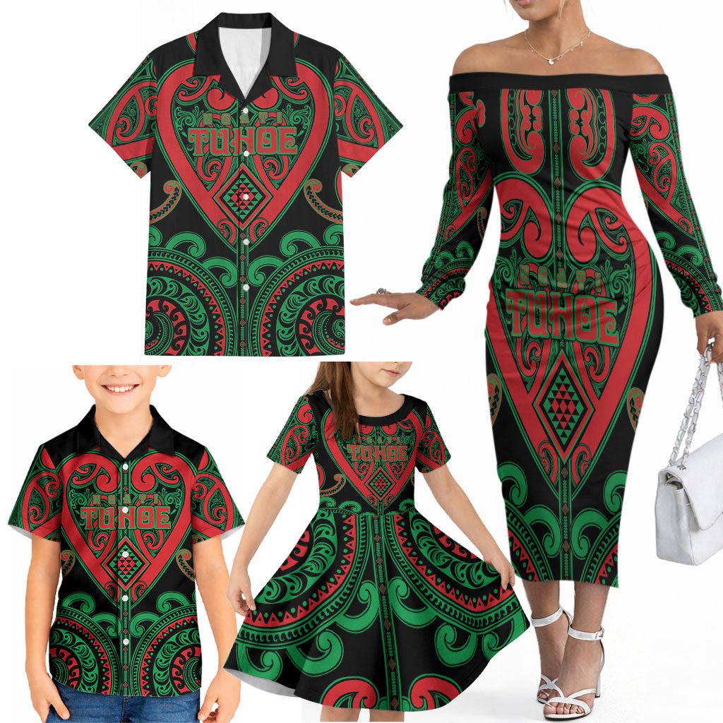 Custom Aotearoa Ngai Tuhoe Family Matching Off The Shoulder Long Sleeve Dress and Hawaiian Shirt Maori Tribal Pattern LT05 - Polynesian Pride