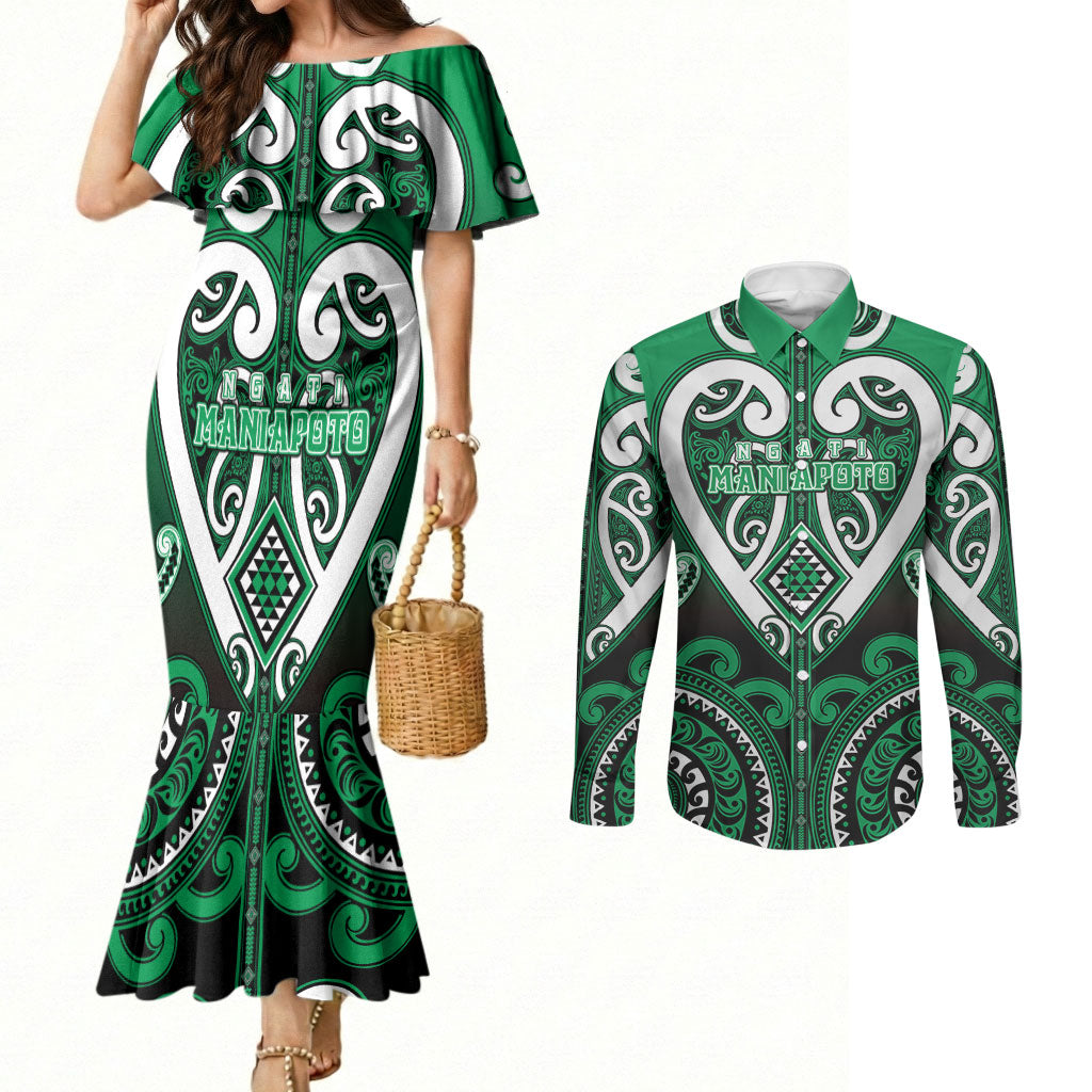 Custom Aotearoa Ngati Maniapoto Couples Matching Mermaid Dress and Long Sleeve Button Shirt Maori Tribal Pattern LT05 Green - Polynesian Pride