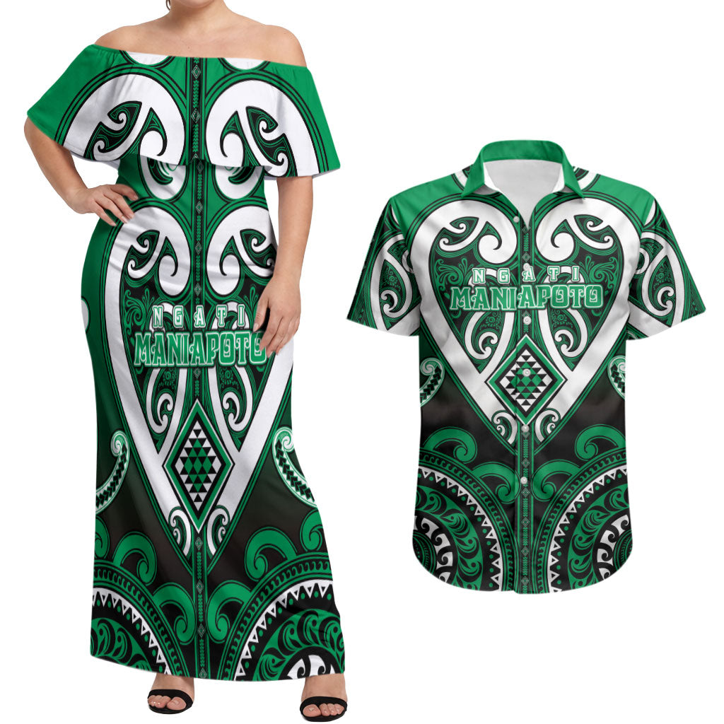 Custom Aotearoa Ngati Maniapoto Couples Matching Off Shoulder Maxi Dress and Hawaiian Shirt Maori Tribal Pattern LT05 Green - Polynesian Pride