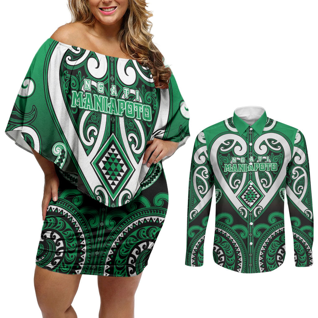 Custom Aotearoa Ngati Maniapoto Couples Matching Off Shoulder Short Dress and Long Sleeve Button Shirt Maori Tribal Pattern