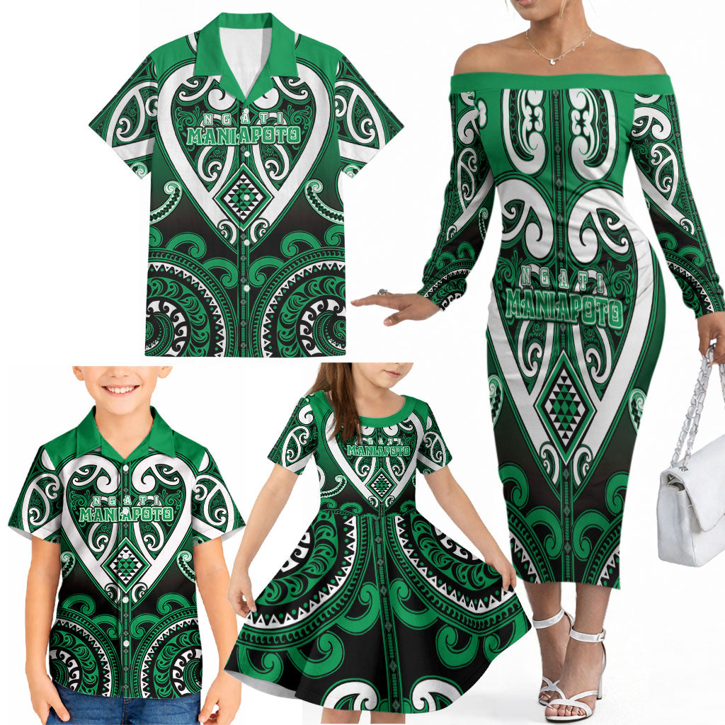 Custom Aotearoa Ngati Maniapoto Family Matching Off The Shoulder Long Sleeve Dress and Hawaiian Shirt Maori Tribal Pattern LT05 - Polynesian Pride
