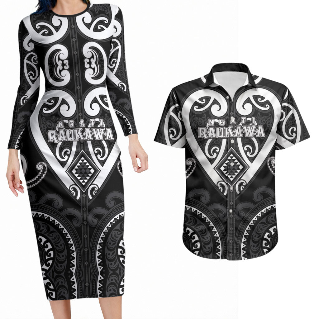 Custom Aotearoa Ngati Raukawa Couples Matching Long Sleeve Bodycon Dress and Hawaiian Shirt Maori Tribal Pattern LT05 Black - Polynesian Pride
