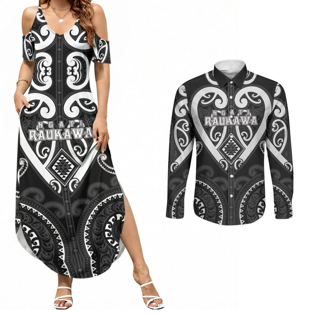 Custom Aotearoa Ngati Raukawa Couples Matching Summer Maxi Dress and Long Sleeve Button Shirt Maori Tribal Pattern