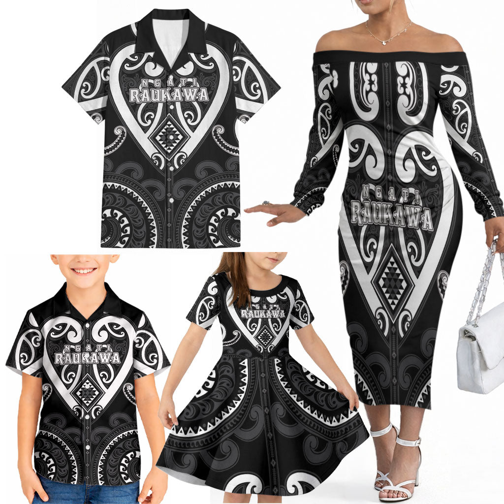 Custom Aotearoa Ngati Raukawa Family Matching Off The Shoulder Long Sleeve Dress and Hawaiian Shirt Maori Tribal Pattern LT05 - Polynesian Pride