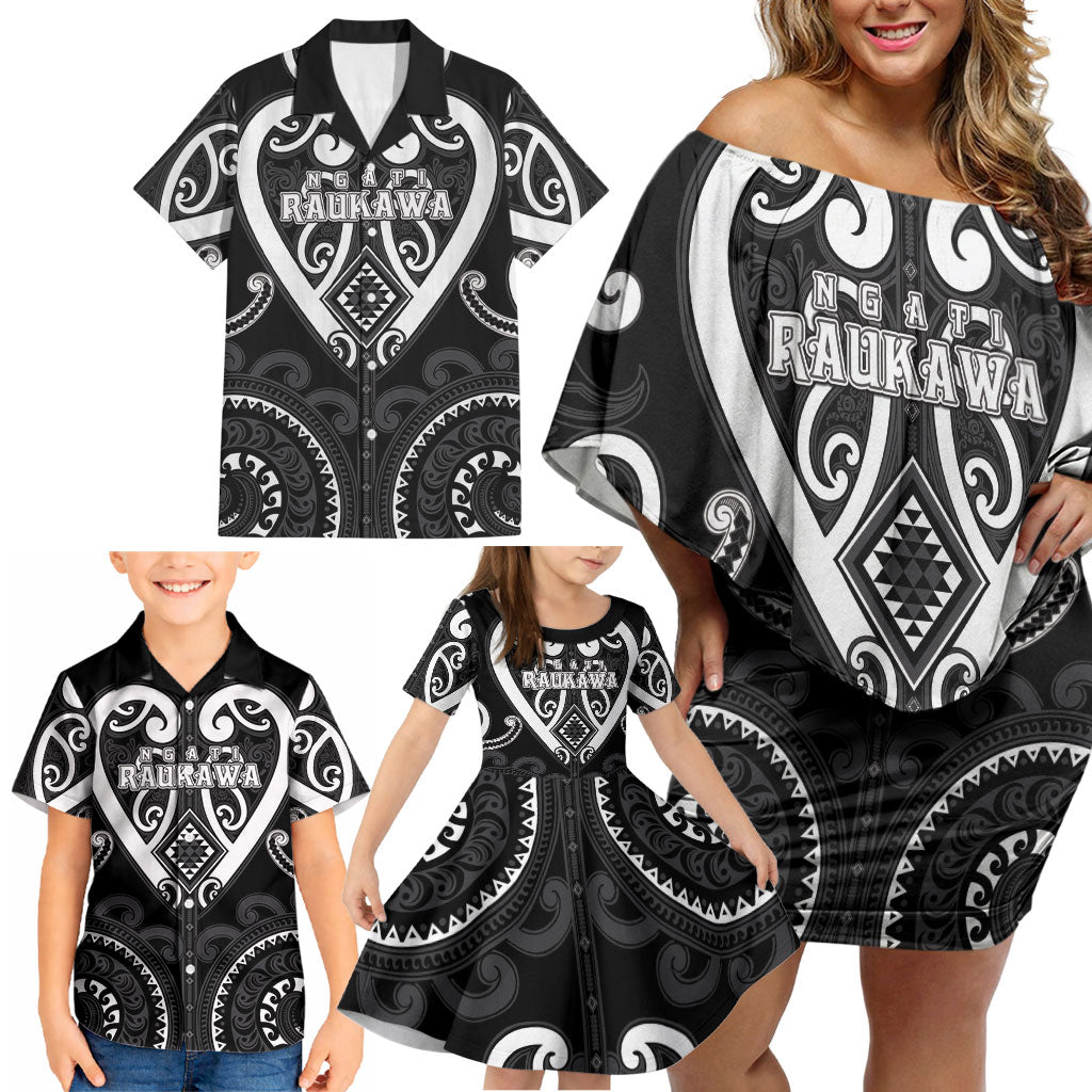 Custom Aotearoa Ngati Raukawa Family Matching Off Shoulder Short Dress and Hawaiian Shirt Maori Tribal Pattern LT05 - Polynesian Pride