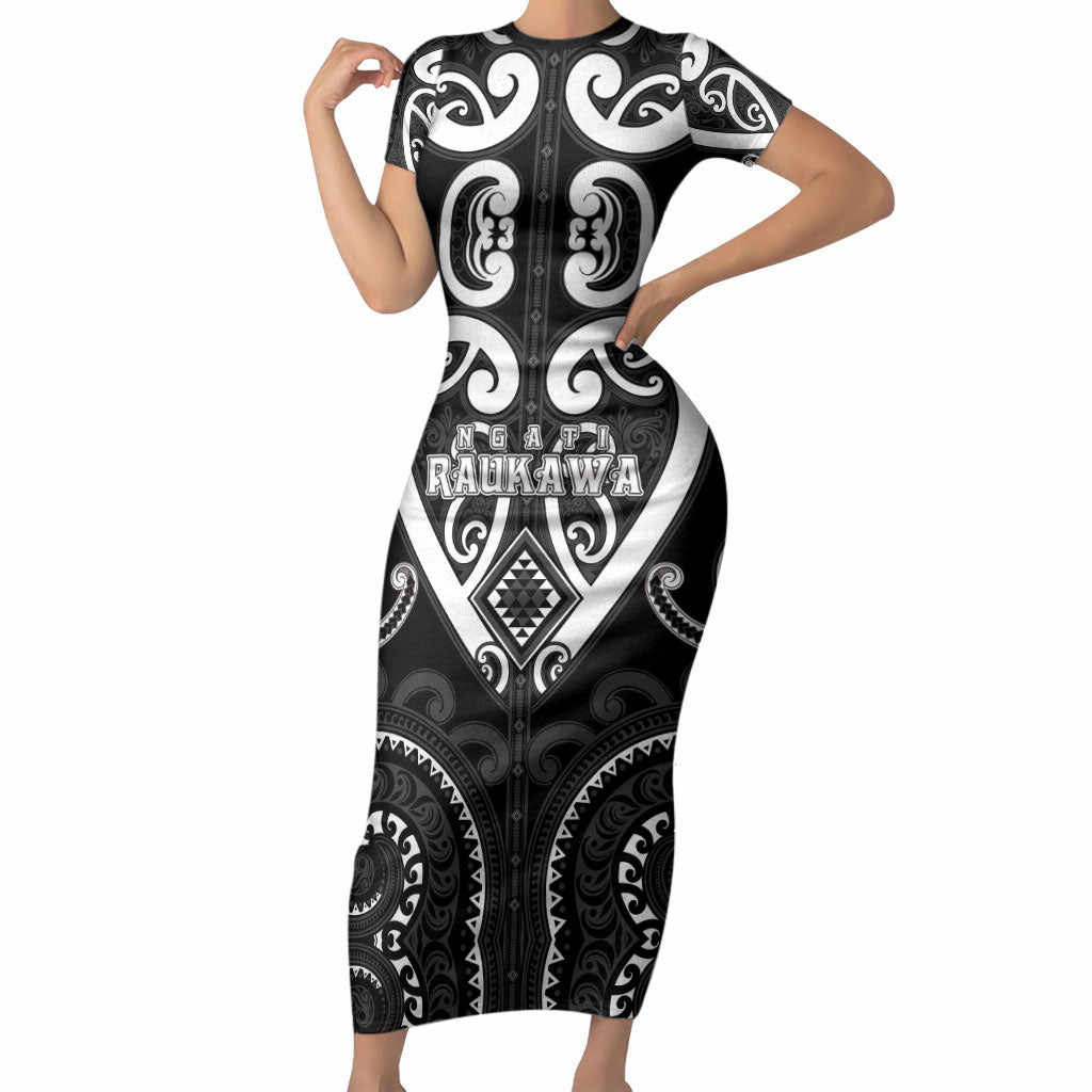 Custom Aotearoa Ngati Raukawa Short Sleeve Bodycon Dress Maori Tribal Pattern LT05 Long Dress Black - Polynesian Pride
