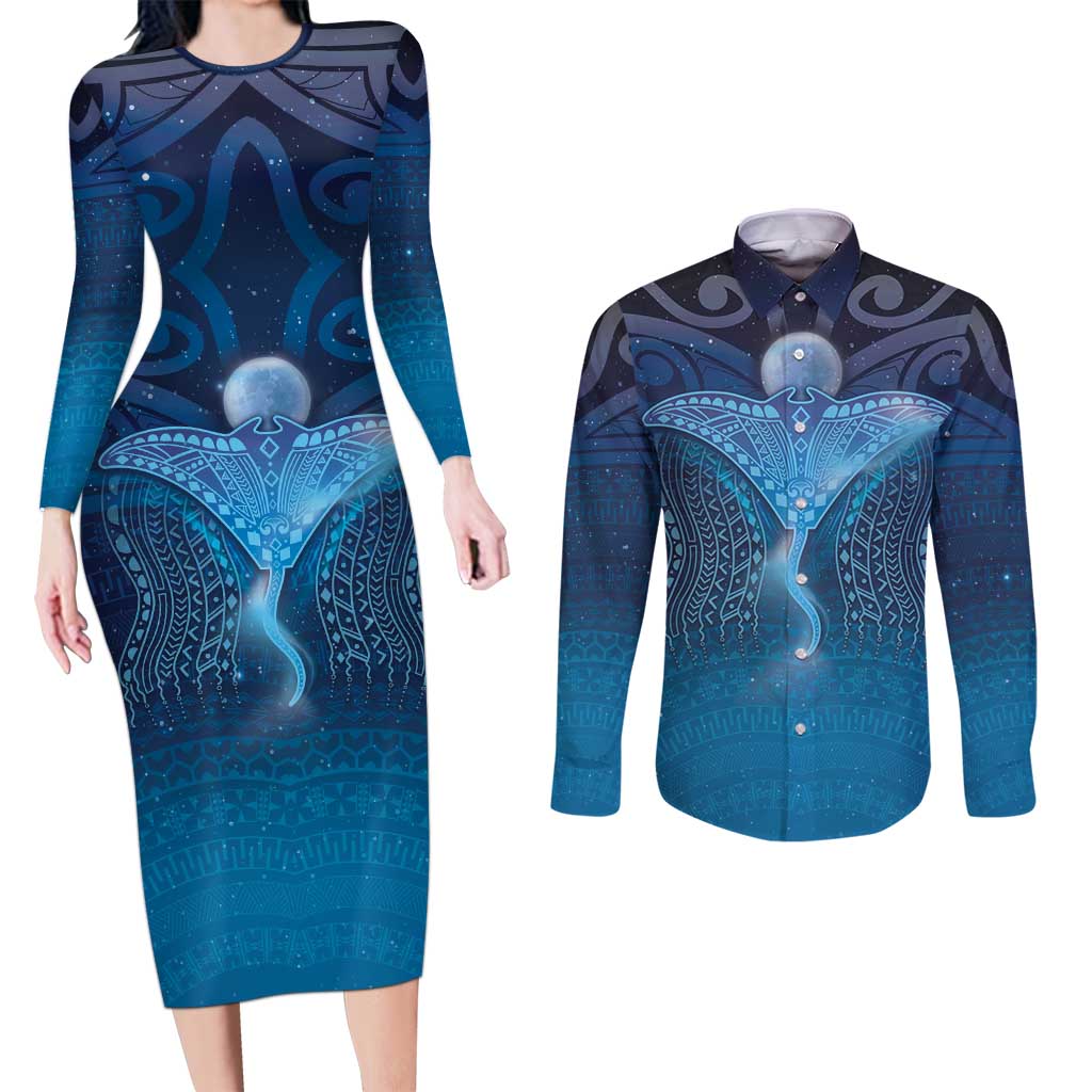 Polynesia Manta Ray Couples Matching Long Sleeve Bodycon Dress and Long Sleeve Button Shirt Let's The Sea Set You Free - Polynesian Pride