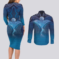 Polynesia Manta Ray Couples Matching Long Sleeve Bodycon Dress and Long Sleeve Button Shirt Let's The Sea Set You Free - Polynesian Pride