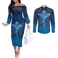 Polynesia Manta Ray Couples Matching Off The Shoulder Long Sleeve Dress and Long Sleeve Button Shirt Let's The Sea Set You Free LT05 Blue - Polynesian Pride