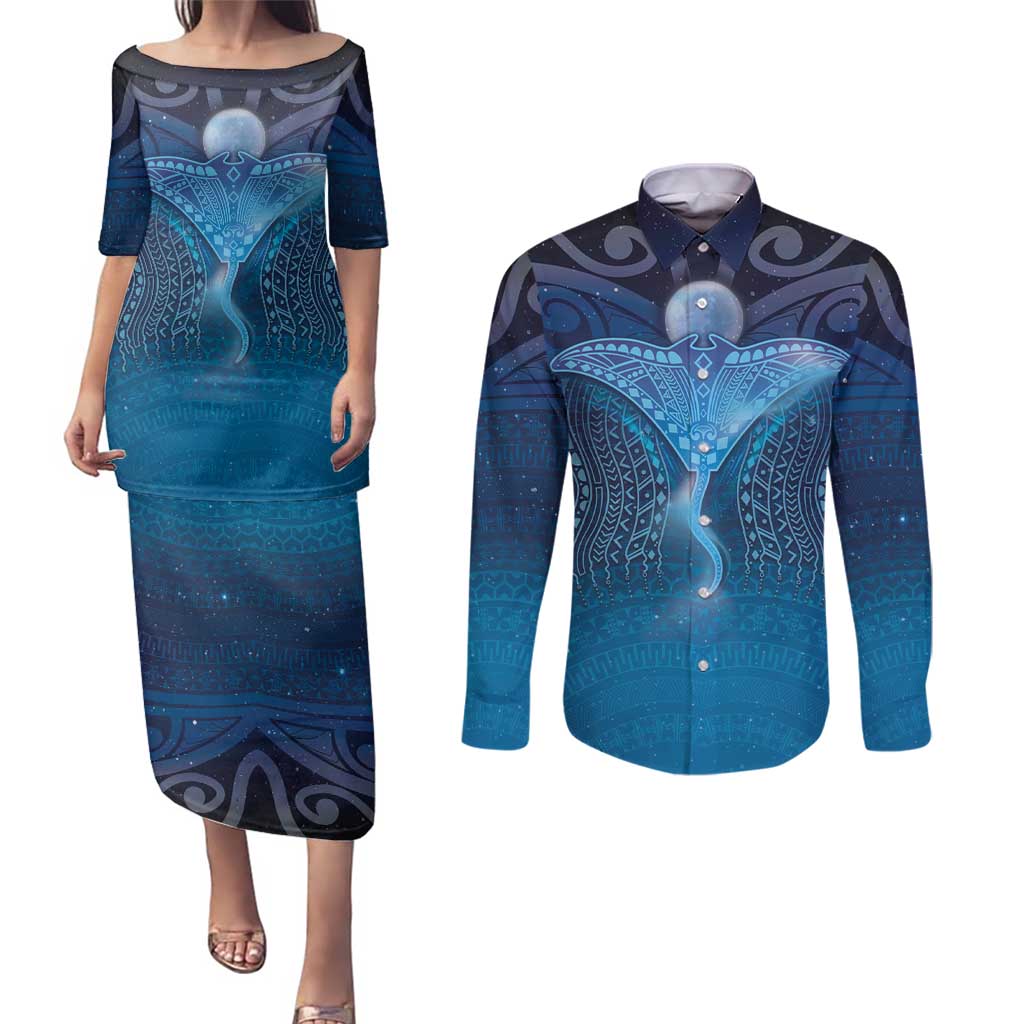 Polynesia Manta Ray Couples Matching Puletasi and Long Sleeve Button Shirt Let's The Sea Set You Free LT05 Blue - Polynesian Pride
