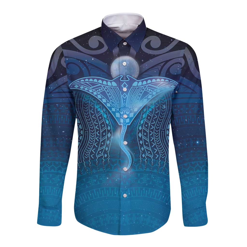 Polynesia Manta Ray Long Sleeve Button Shirt Let's The Sea Set You Free LT05 Unisex Blue - Polynesian Pride