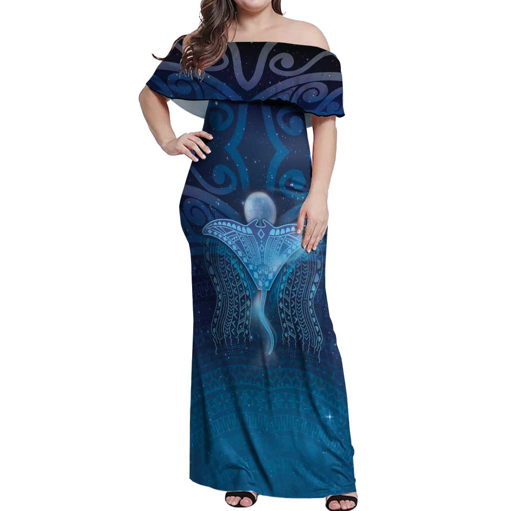 Polynesia Manta Ray Off Shoulder Maxi Dress Let's The Sea Set You Free LT05 Women Blue - Polynesian Pride