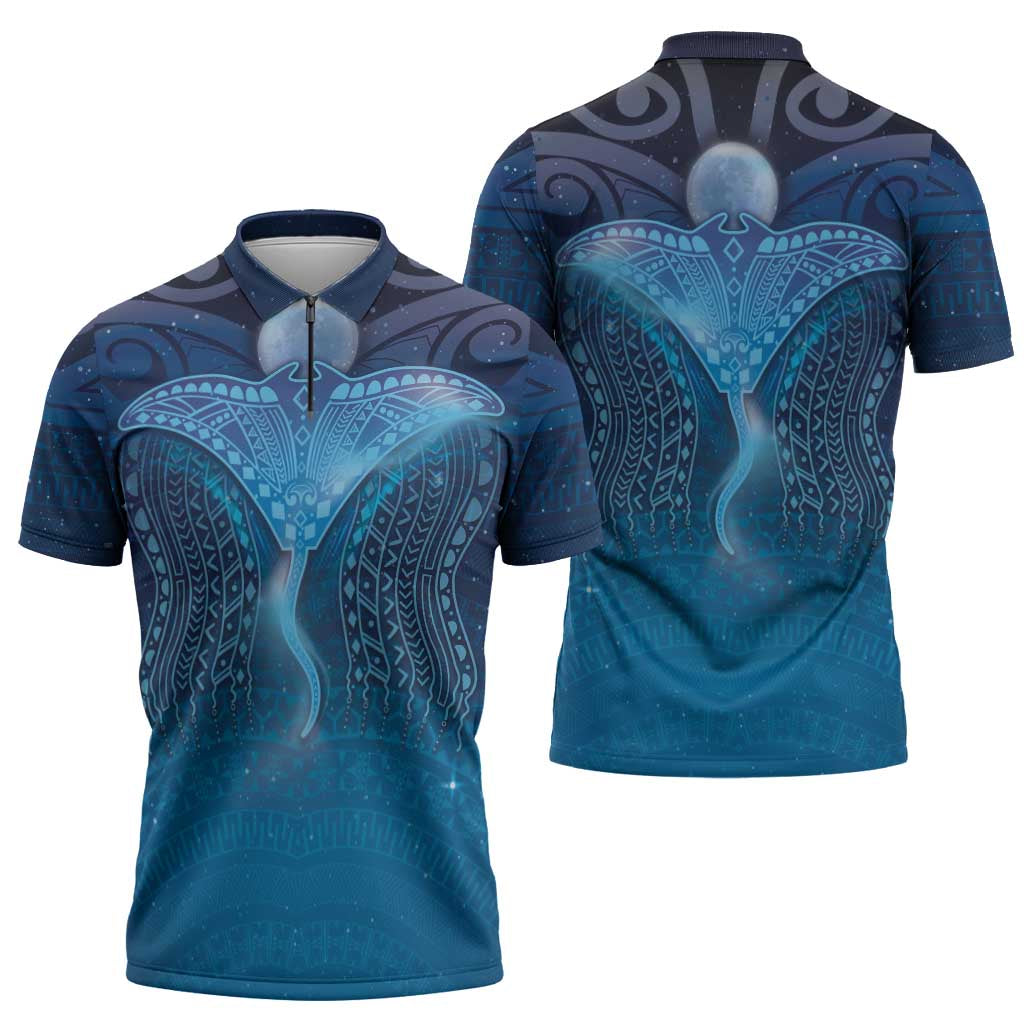 Polynesia Manta Ray Zipper Polo Shirt Let's The Sea Set You Free - Polynesian Pride