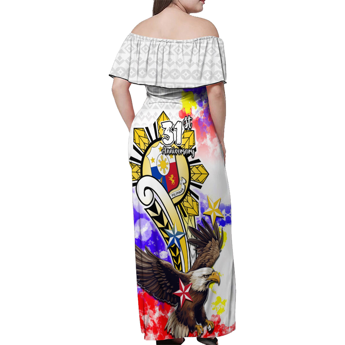 Filipino American History Month Family Matching Off Shoulder Maxi Dress and Hawaiian Shirt The Eight-Rayed Sun Flags With Bald Eagle LT05 - Polynesian Pride