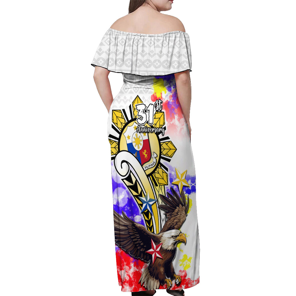 Filipino American History Month Off Shoulder Maxi Dress The Eight-Rayed Sun Flags With Bald Eagle LT05 - Polynesian Pride