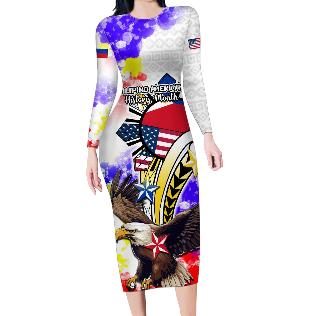 Personalized Filipino American History Month Family Matching Long Sleeve Bodycon Dress and Hawaiian Shirt The Eight-Rayed Sun Flags With Bald Eagle LT05 Mom's Dress White - Polynesian Pride