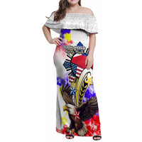 Personalized Filipino American History Month Family Matching Off Shoulder Maxi Dress and Hawaiian Shirt The Eight-Rayed Sun Flags With Bald Eagle LT05 Mom's Dress White - Polynesian Pride