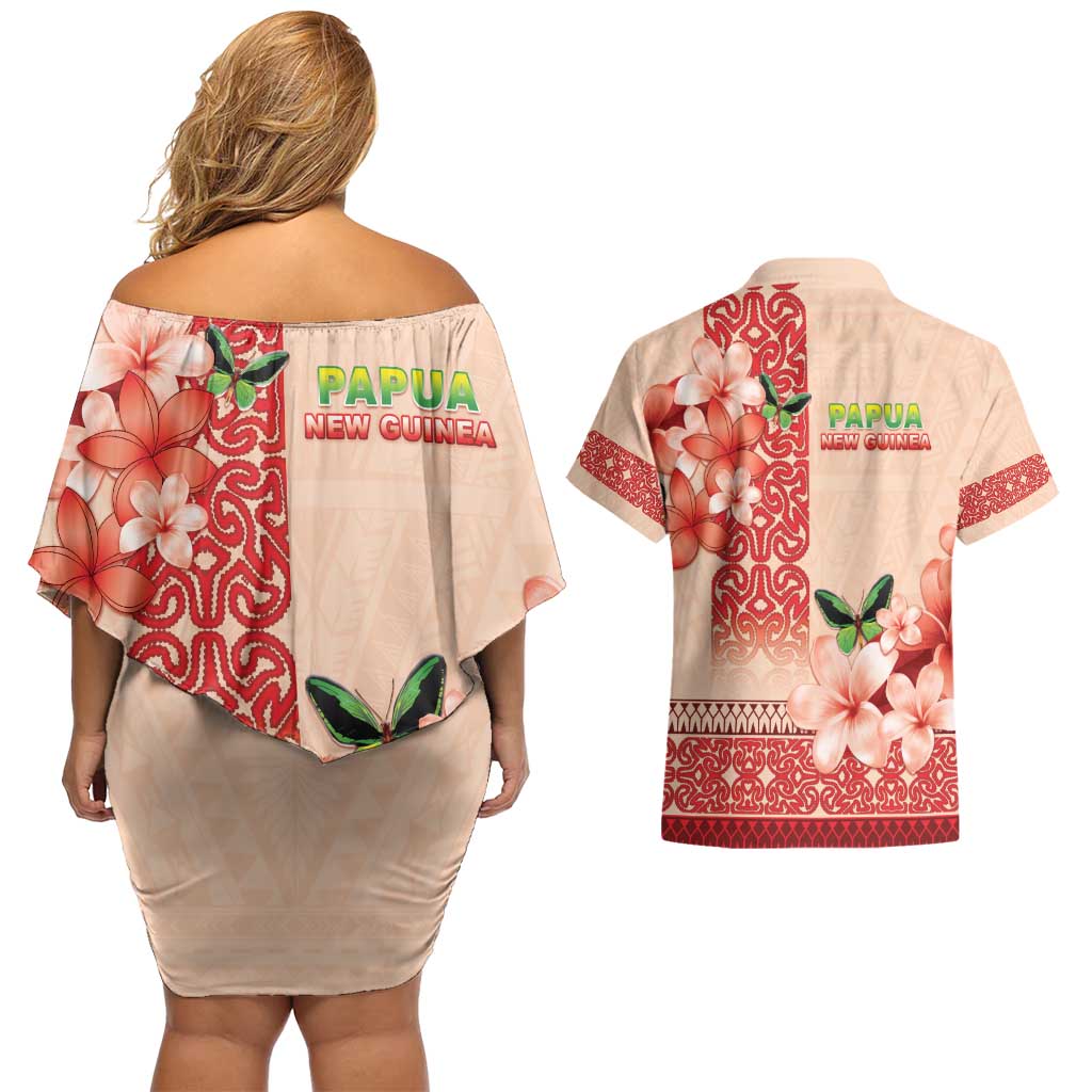Papua New Guinea Oro Province Couples Matching Off Shoulder Short Dress and Hawaiian Shirt Oro Birdwing Butterfly
