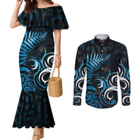 New Zealand Sea Week Couples Matching Mermaid Dress and Long Sleeve Button Shirt Maori Wave Pattern Ocean Blue LT05 Blue - Polynesian Pride