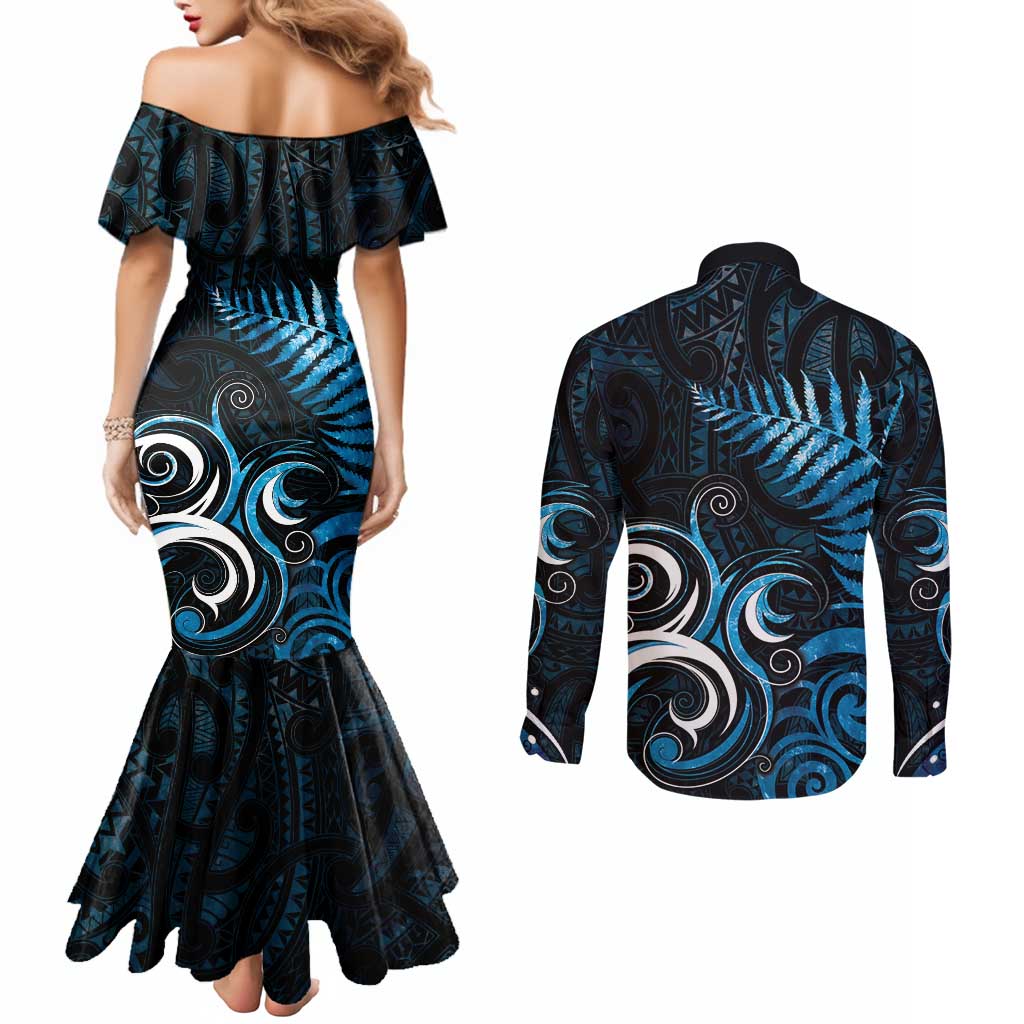 New Zealand Sea Week Couples Matching Mermaid Dress and Long Sleeve Button Shirt Maori Wave Pattern Ocean Blue LT05 - Polynesian Pride