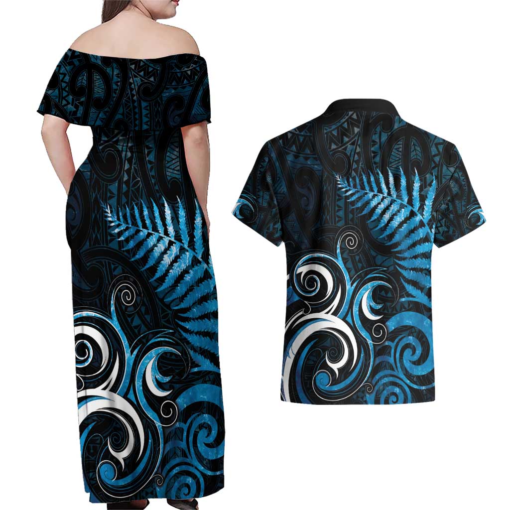 New Zealand Sea Week Couples Matching Off Shoulder Maxi Dress and Hawaiian Shirt Maori Wave Pattern Ocean Blue