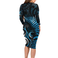 New Zealand Sea Week Long Sleeve Bodycon Dress Maori Wave Pattern Ocean Blue