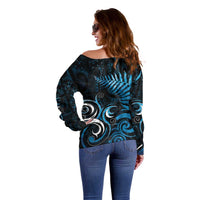 New Zealand Sea Week Off Shoulder Sweater Maori Wave Pattern Ocean Blue