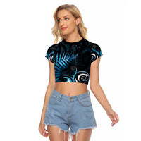 New Zealand Sea Week Raglan Cropped T Shirt Maori Wave Pattern Ocean Blue LT05 Female Blue - Polynesian Pride