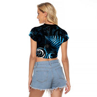 New Zealand Sea Week Raglan Cropped T Shirt Maori Wave Pattern Ocean Blue LT05 - Polynesian Pride