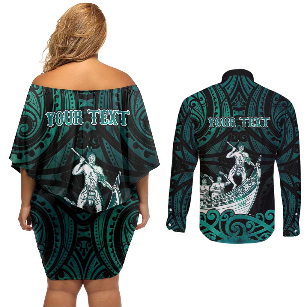 Personalised New Zealand Waka Racing Couples Matching Off Shoulder Short Dress and Long Sleeve Button Shirt Maori Warriors
