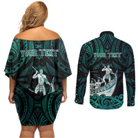Personalised New Zealand Waka Racing Couples Matching Off Shoulder Short Dress and Long Sleeve Button Shirt Maori Warriors