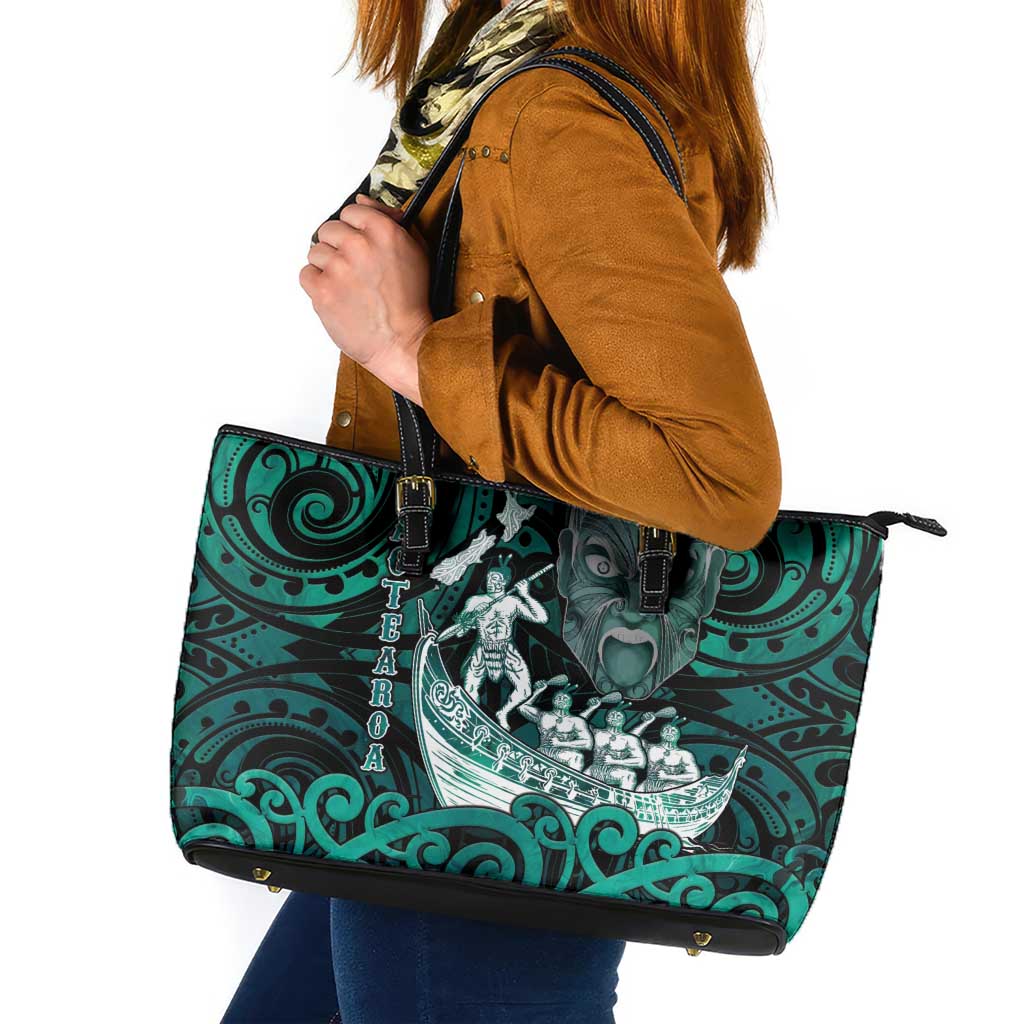New Zealand Waka Racing Leather Tote Bag Maori Warriors LT05 Green - Polynesian Pride