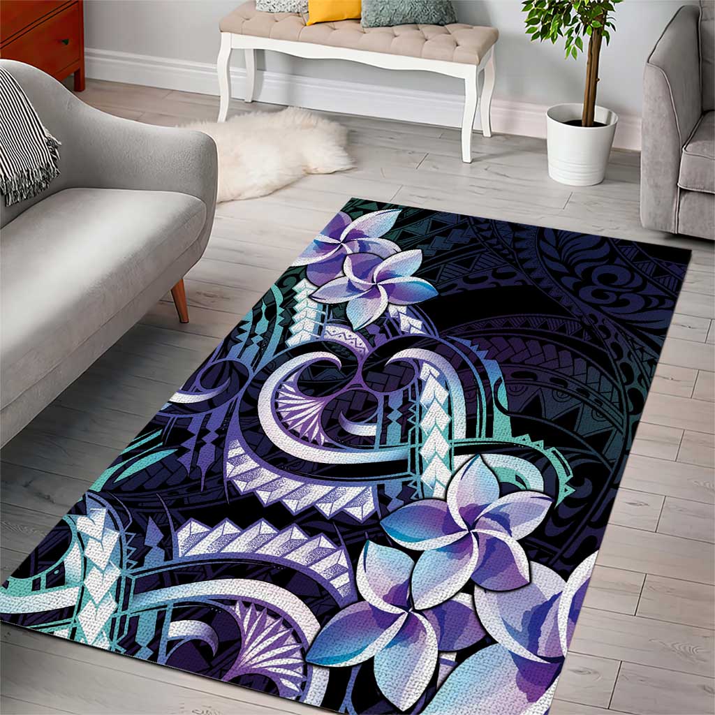 Polynesian Art Tattoo Area Rug Plumeria Flowers Turquoise Gradient