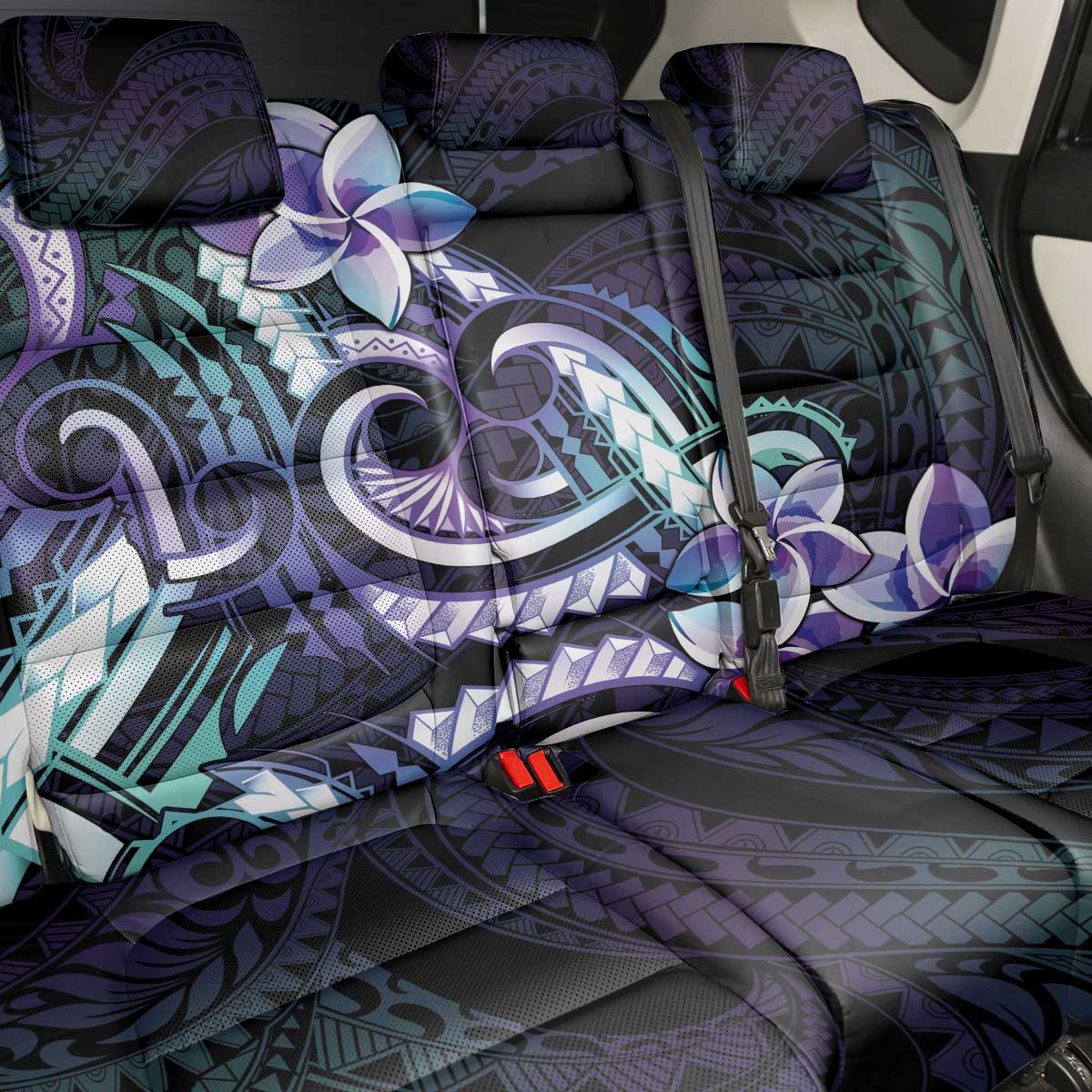 Polynesian Art Tattoo Back Car Seat Cover Plumeria Flowers Turquoise Gradient
