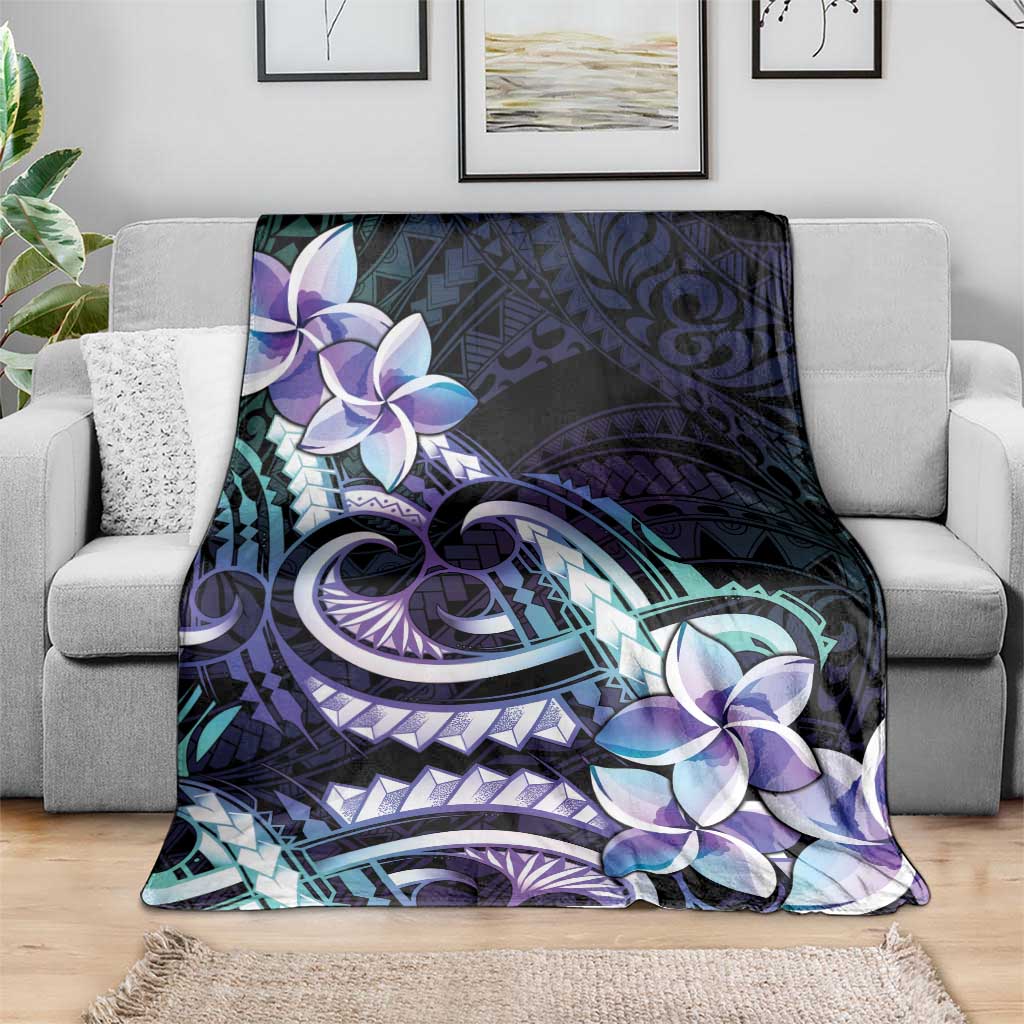 Polynesian Art Tattoo Blanket Plumeria Flowers Turquoise Gradient