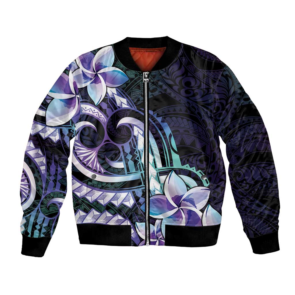 Polynesian Art Tattoo Bomber Jacket Plumeria Flowers Turquoise Gradient