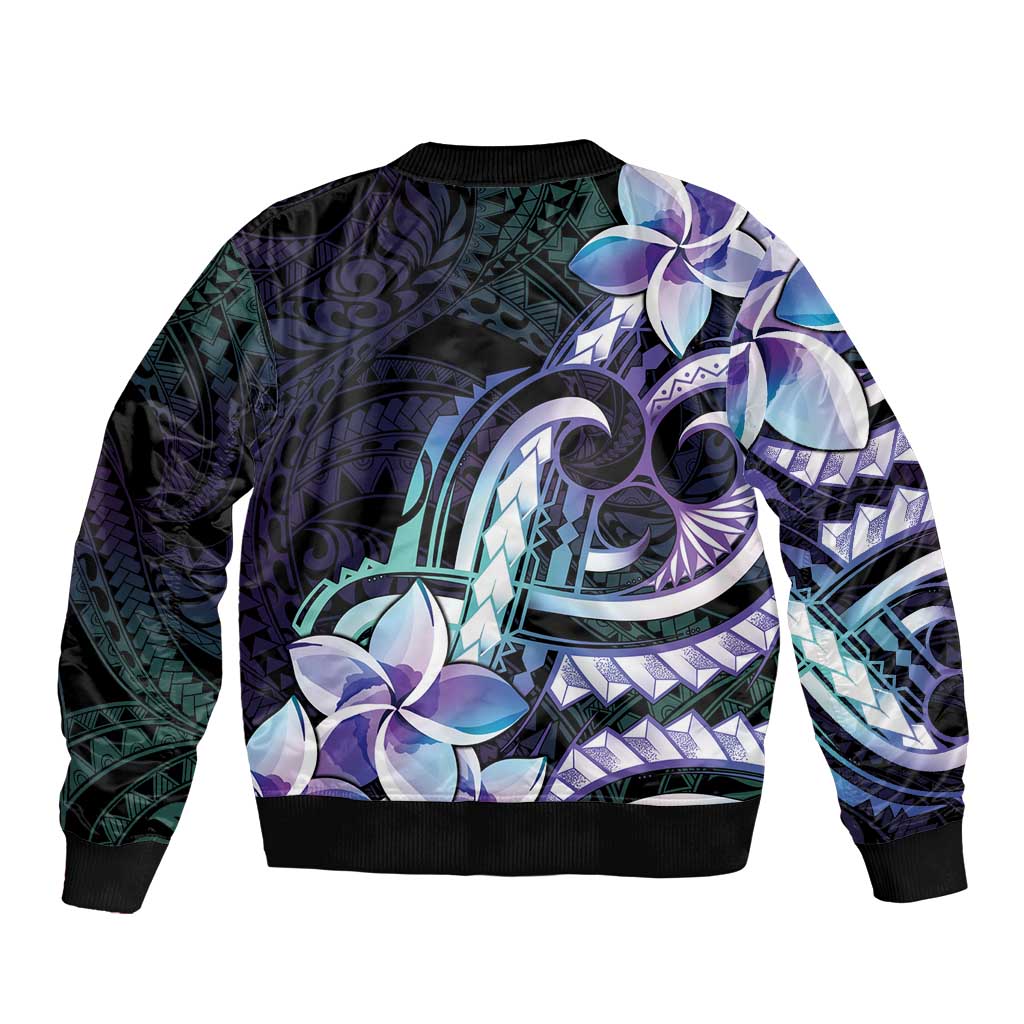 Polynesian Art Tattoo Bomber Jacket Plumeria Flowers Turquoise Gradient