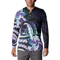 Polynesian Art Tattoo Button Sweatshirt Plumeria Flowers Turquoise Gradient
