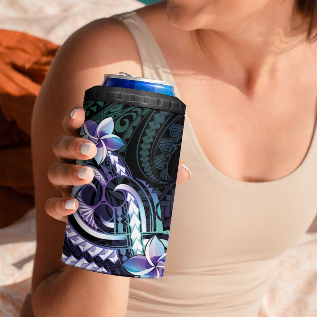 Polynesian Art Tattoo 4 in 1 Can Cooler Tumbler Plumeria Flowers Turquoise Gradient
